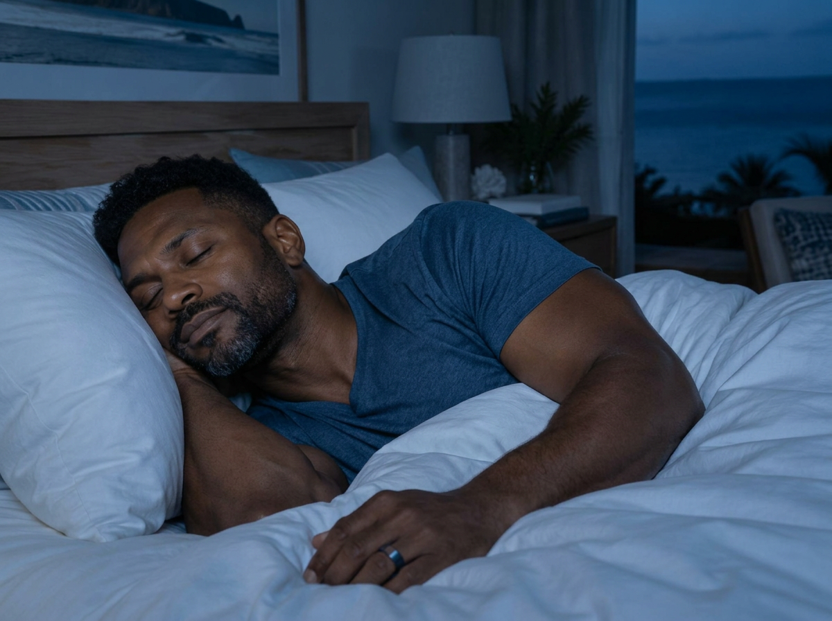 Man asleep in his own bed at night wearing the ring-style home sleep test sensor